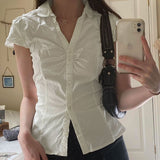 2025 New Summer Women's Wear Small Pleated Leisure Buckle Solid Color Simple Back Strapped Short-Sleeved Shirt