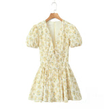 Znbbw New Yellow Flower V-Neck Short-Sleeved Mini Dress