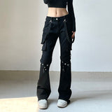 2024Ins Early Summer New Ribbon Design Metal Leg Ring Pocket Straight Tube Flared Trousers Denim Trousers Girls