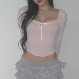Pure Desire Atmosphere Tie-Up Small Sexy Square Collar Low-Cut Slim Pink Long-Sleeved T-Shirt 2024 Spring / Summer New Style