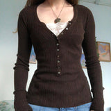 Slim And Slim Internet Celebrity Fashion Brown Knitted Spliced Lace Blouse In The Fall Of 2024