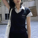 College Style POLO Collar Splicing Fake Two Short-Sleeved Blouses Slim And Simple Knitted T-Shirt Girl