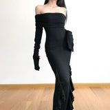 Waste Soil Style Shoulder Lotus Leaf Edge Forked Skirt 2025 Pure Wind Hot Girl Sexy Tight Fashion Dress Girl