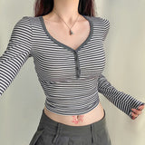 Design Sensitive Lace Hit Striped T-Shirt Spice Girl Slim Short Navel Blouse V-Neck Long-Sleeved Bottomed Shirt