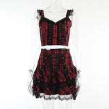 Znbbw Dark Plaid Sling Lace Tie Pleated Skirt 2024 Spring Personality Suit