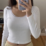 Autumn And Winter Women's Wear 2025Ins Street Trend Sweet Lace Lace Knitted Long-Sleeved T-Shirt