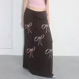 Spicy Girls Fashion Bow Printing Rope-Drawing Waist Half Skirt 2024 High Waist Thin Simple Style Knitted Skirt Woman