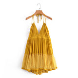 Znbbw The Summer Of 2024, The New Style Baitai Thin Laminated Net Yarn Spliced V-Collar Halter Skirt With Large Bare Back