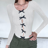 Ins Chao Brand Hollowed-Out Design Feeling Small Sexy Bow Stitching Long-Sleeved Slim T-Shirt 2024 Spring And Summer New Women