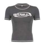 Ins Style Spring And Summer Women's Wear 2024Ins Hot Girls Street Celebrities Gray Function Wind Printed Short-Sleeved T-Shirt Women