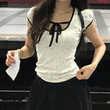 Broken Flower Printing Lace-Up Bubble Bubble Short-Sleeved Knitted T-Shirt Slim, Hanging Neck, Sweet Blouse