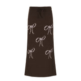 Spicy Girls Fashion Bow Printing Rope-Drawing Waist Half Skirt 2024 High Waist Thin Simple Style Knitted Skirt Woman
