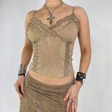 Ins Trendy Lace Lace Spliced Suede Halter Top 2024 New Hot Girl Sexy V-Collar Slim Vest
