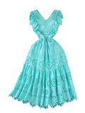 Znbbw Temperament Flying Sleeve V Collar Waist Shows Thin A Word Big Pendulum Hollowed-Out Dress Seaside Holiday Long Skirt