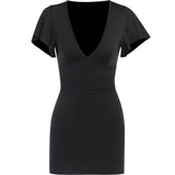 Znbbw Sexy V Collar Waist Shows Thin Short-Sleeved Dress Temperament Slim Casual Pure Color Hip Skirt Woman