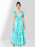 Znbbw Temperament Flying Sleeve V Collar Waist Shows Thin A Word Big Pendulum Hollowed-Out Dress Seaside Holiday Long Skirt