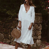Znbbw Summer New Lace V-Collar Ins Casual Loose Lace Stitched Seven-Sleeve Cake Skirt