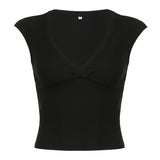 Spicy Girl Style Simple Solid Color Basic Sexy Low-Cut V-Neck Slim Flying Sleeve T-Shirt 2024 Spring / Summer New Style