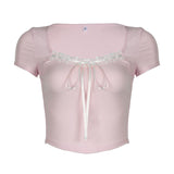 Hot Girls Sexy Lace Tie Square Tie Bow Tie Waist Knitted Short-Sleeved Blouse Pure Desire Short T-Shirt