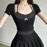 French Bow Square Collar Waist Shows Thin Collision Color Two-Piece T-Shirt Sweet Girl Hanging Neck Short-Sleeved Blouse