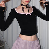 The Bowknot Splicing Colour Knitting Skinny Blouse Woman 2024 Sweet Spice Girl French Ballet Style Slim Hollow T-Shirt