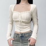 Sweet And Spicy Girl Neckline Lace-Up Long-Sleeved Blouse Women 2025 Pure Style Stylish Design Short Shoulder-Bottomed T-Shirt