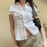 2025 New Summer Women's Wear Small Pleated Leisure Buckle Solid Color Simple Back Strapped Short-Sleeved Shirt