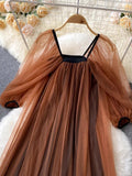 Znbbw Lantern Sleeve Style Square Collar Net Dress Femininity Tea Break Skirt Warm And Long Fairy Skirt