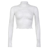 2024 Spring And Summer New Spice Girls Perspective Lace High-Necked Long-Sleeved T-Shirt Thin Tight Short Blouse