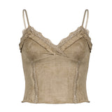 Ins Trendy Lace Lace Spliced Suede Halter Top 2024 New Hot Girl Sexy V-Collar Slim Vest