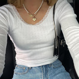 Autumn And Winter Women's Wear 2025Ins Street Trend Sweet Lace Lace Knitted Long-Sleeved T-Shirt