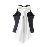 Znbbw Spring Style Bow Removable Back-Hanging Waistcoat Pleated Half-Length Skirt