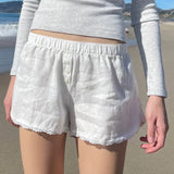 Holiday Style Buckle Solid Color Simple Woven Shorts Loose Waist Loose 100-Lap Spliced Lace Casual Trousers