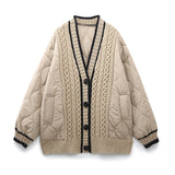 Znbbw And Winter New Tricolor Knitted Spliced V-Collar Loose Version Cotton Jacket