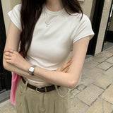 Basic T-Shirt With Shoulder, Round Neck And Short Sleeves, New Slim, High-Waisted, Short-Color Blouse For Women In Spring And Summer