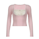 Pure Fashion Girl Hit Color Square Collar Fold Splicing Fake Two Long-Sleeved T-Shirts Sweet Knit Blouse