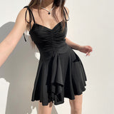 Sweet Maiden Fold Design V-Collar Halter Waist Dress Ins Trend Age-Reducing Little Black Dress 2024 Styles