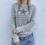 Street Striped Five-Pointed Star Leisure T-Shirt Women's Autumn Daily Simple Commuter Star Hit Color Long-Sleeved Blouse