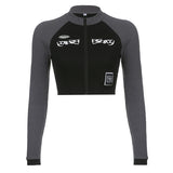 2024 Spring / Summer Women's Wear Ins Style Street Retro Work Clothes Printed Zipper Collar Slim Long-Sleeved T-Shirt