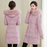 Clothes Female Medium Long Style 2024 Winter New Korean Version Slim Long Cotton-Padded Jacket Add Thick Warm Big Wool Collar Large Size Coat