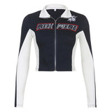 2024 Slim And Thin Personality Street Cool Fashion Letter Printing Motorcycle Style Blue And White Coat