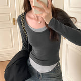 Znbbw Sense Of Design For A Minority Round-Necked Early Autumn Long-Sleeved T-Shirt, A New Style Of Fake Two Matching-Color Bottomed Shirts With Underwear.
