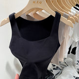 White Sling Vest Women's Suit With Cover, Breast Wide Shoulder Straps, Sleeveless T-Shirt, Square Collar, Bottom Top, Summer Outside.