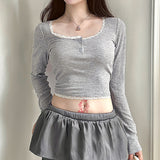 Ins Sweet And Spicy Lace Hit The Color Pit Strip Long-Sleeved Spicy Girls Short Navel Blouse Slim And Slim T-Shirt