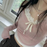 Hot Girls Sexy Lace Straps Tight Show Thin Knitted Long Sleeves Two-Piece Set 2024 Pure Sweet Wind Blouse Girl