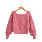 Znbbw New Square Collar Long-Sleeved Twist Textured Short Sweater In Autumn