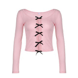 Ins Chao Brand Hollowed-Out Design Feeling Small Sexy Bow Stitching Long-Sleeved Slim T-Shirt 2024 Spring And Summer New Women