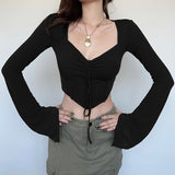 2025 Autumn / Winter Women's Wear Ins Trend Brand Online Celebrity Hot Girl Hanging Neck Fishbone Square Collar Sexy Navel Revealing Thin T-Shirt Woman