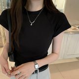 Basic T-Shirt With Shoulder, Round Neck And Short Sleeves, New Slim, High-Waisted, Short-Color Blouse For Women In Spring And Summer