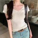 Pure Pink V-Collar Ice Silk Knitted Short-Sleeved T-Shirt Women's New Summer Design Thin Slim Bottomed Blouse